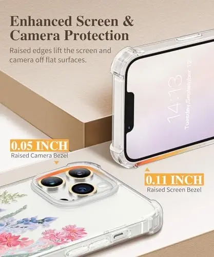 Чехол GVIEWIN для iPhone 13 Pro Max с цветочным принтом, защитой экрана и объектива камеры, [не желтеющий] мягкий противоударный прозрачный защитный чехол для женщин, дизайн с цветочным узором 6,7