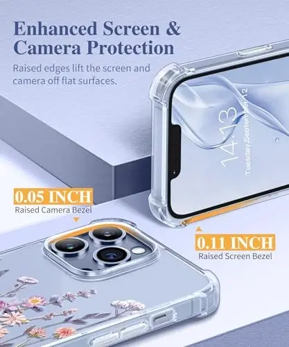 Чехол GVIEWIN для iPhone 13 Pro Max с цветочным принтом, защитой экрана и объектива камеры, [не желтеющий] мягкий противоударный прозрачный защитный чехол для женщин, дизайн с цветочным узором 6.7