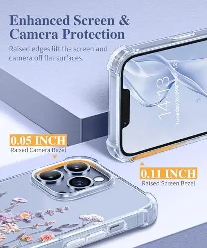 GVIEWIN for iPhone 13 Pro Max Case Floral, with Screen Protector&Camera Lens Protector,[Non Yellowing] Soft Shockproof Clear Phone Protective Cover for Women, Flower Pattern Design 6.7