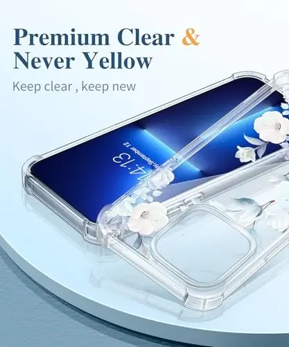 Чехол GVIEWIN для iPhone 13 Pro с цветочным принтом, защитой экрана и объектива камеры, [не желтеющий] мягкий противоударный прозрачный защитный чехол для женщин, дизайн с цветочным узором 6,1 дюйма (гибискус) - 3