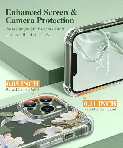Чехол GVIEWIN для iPhone 13 Pro с цветочным узором, защитой экрана и объектива камеры, [не желтеющий] мягкий противоударный прозрачный защитный чехол для женщин, дизайн с цветами 6.1 дюйма (Цветок яблони) - 5