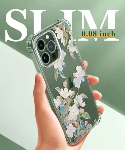 Чехол GVIEWIN для iPhone 13 Pro с цветочным узором, защитой экрана и объектива камеры, [не желтеющий] мягкий противоударный прозрачный защитный чехол для женщин, дизайн с цветами 6.1 дюйма (Цветок яблони) - 6