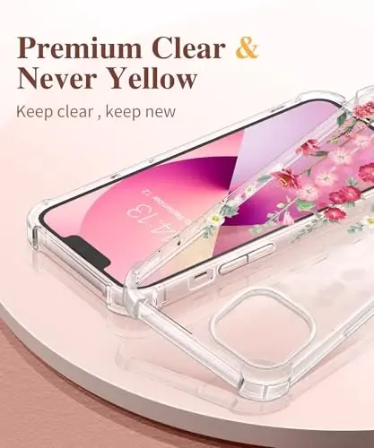Чехол GVIEWIN для iPhone 13 с цветочным принтом, защитной пленкой для экрана и защитой объектива камеры, [не желтеет], мягкий ударопрочный прозрачный защитный чехол для женщин, цветочный дизайн 6,1 дюйма (Alcea/Red) - 3