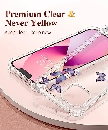 Чехол GVIEWIN для iPhone 13 с цветочным принтом, защитной пленкой для экрана и защитой объектива камеры, [не желтеющий] мягкий ударопрочный прозрачный защитный чехол для женщин, дизайн с цветочным узором 6,1 дюйма (очаровательная бабочка) - 3
