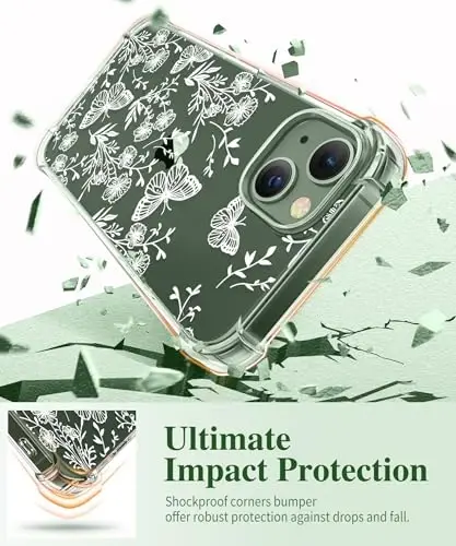 Чехол GVIEWIN для iPhone 13 с цветочным принтом, защитой экрана и объектива камеры, нежелтеющий, мягкий ударопрочный прозрачный защитный чехол для женщин, дизайн с узором цветов 6,1 дюйма (Тубероза/Зеленый) - 4