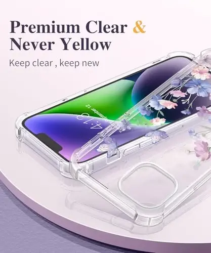 Чехол GVIEWIN для iPhone 14 Plus с цветочным принтом, защитой экрана и объектива камеры, [не желтеющий] мягкий противоударный прозрачный защитный чехол для женщин, дизайн с цветочным узором 6,7 дюйма (Bloomwing/Blue) - GVIEWIN (1)