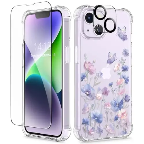 Чехол GVIEWIN для iPhone 14 Plus с цветочным принтом, защитой экрана и объектива камеры, [не желтеющий] мягкий противоударный прозрачный защитный чехол для женщин, дизайн с цветочным узором 6,7 дюйма (Bloomwing/Blue) - 3