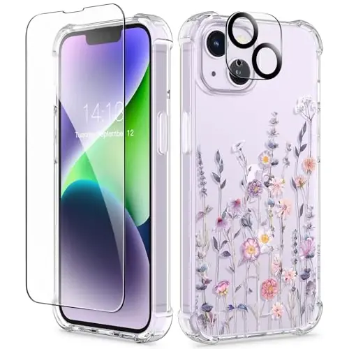 Чехол GVIEWIN для iPhone 14 Plus с цветочным принтом, защитой экрана и объектива камеры, [не желтеющий] мягкий противоударный прозрачный защитный чехол для женщин, дизайн с цветочным узором 6,7