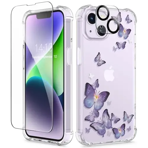Чехол GVIEWIN для iPhone 14 Plus с цветочным узором, защитной пленкой для экрана и защитой объектива камеры, [не желтеющий] мягкий ударопрочный прозрачный защитный чехол для женщин, дизайн с цветочным узором 6,7 дюйма (Очаровательная бабочка) 
