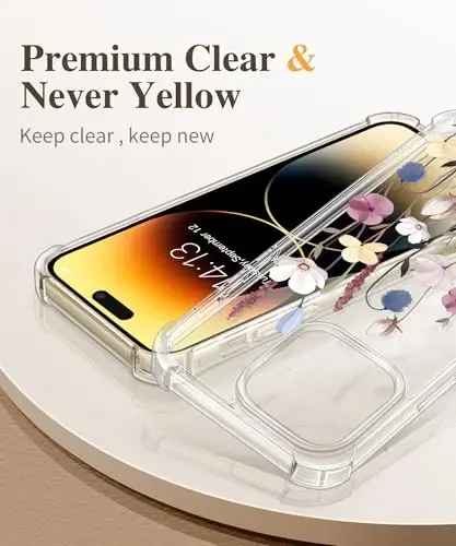 Чехол GVIEWIN для iPhone 14 Pro Max Floral, с защитой экрана и объектива камеры, [Не желтеющий] Мягкий противоударный прозрачный чехол для женщин, Цветочный рисунок 6,7
