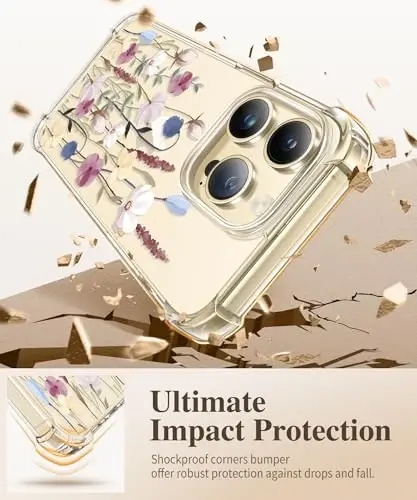 Чехол GVIEWIN для iPhone 14 Pro Max Floral, с защитой экрана и объектива камеры, [Не желтеющий] Мягкий противоударный прозрачный чехол для женщин, Цветочный рисунок 6,7