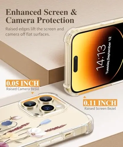 Чехол GVIEWIN для iPhone 14 Pro Max Floral, с защитой экрана и объектива камеры, [Не желтеющий] Мягкий противоударный прозрачный чехол для женщин, Цветочный рисунок 6,7