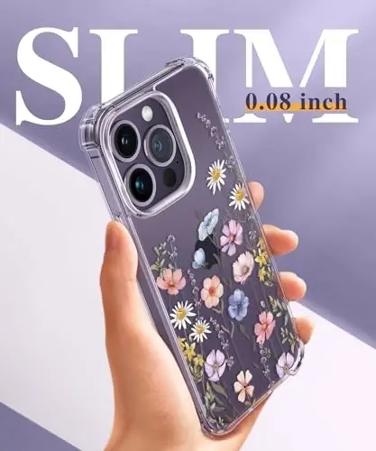 Чехол GVIEWIN для iPhone 14 Pro Max с цветочным принтом, с защитной пленкой для экрана и защитой объектива камеры, [нежелтеющий] мягкий ударопрочный прозрачный защитный чехол для женщин, цветочный узор 6,7 дюйма (мальва/цветной) - 6