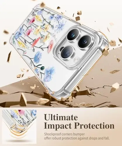 Чехол GVIEWIN для iPhone 14 Pro Max с цветочным принтом, защитой экрана и объектива камеры, [не желтеющий] мягкий противоударный прозрачный защитный чехол для женщин, цветочный узор 6,7 дюйма (аконит/светло-голубой) - 10