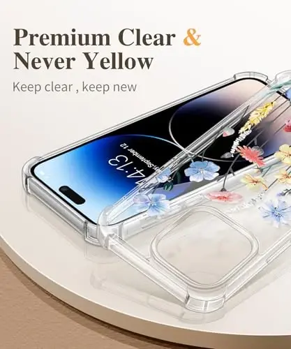 Чехол GVIEWIN для iPhone 14 Pro Max с цветочным принтом, защитой экрана и объектива камеры, [не желтеющий] мягкий противоударный прозрачный защитный чехол для женщин, цветочный узор 6,7 дюйма (аконит/светло-голубой) - 3