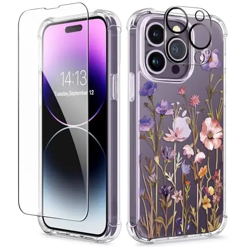 Чехол GVIEWIN для iPhone 14 Pro Max с цветочным принтом, защитой экрана и объектива камеры, [не желтеющий] мягкий противоударный прозрачный защитный чехол для женщин, цветочный узор 6,7 дюйма (цинния/фиолетовый) 