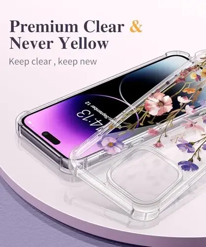 Чехол GVIEWIN для iPhone 14 Pro Max с цветочным принтом, защитой экрана и объектива камеры, [не желтеющий] мягкий противоударный прозрачный защитный чехол для женщин, цветочный узор 6,7 дюйма (цинния/фиолетовый) - GVIEWIN (1)