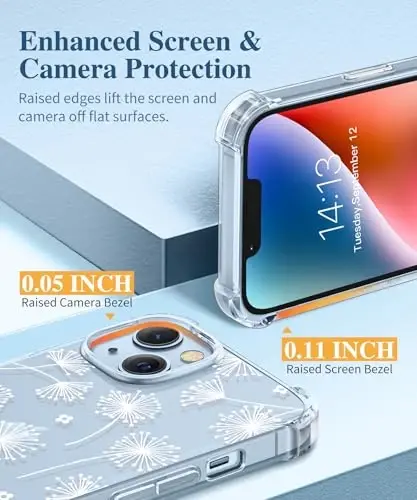 Чехол GVIEWIN для iPhone 14 с цветочным принтом, защитной пленкой для экрана и защитой объектива камеры, [не желтеющий] мягкий противоударный прозрачный защитный чехол для женщин, дизайн с узором цветов 6,1 дюйма (одуванчик/белый) - 5