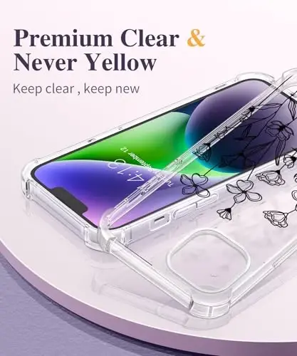 Чехол GVIEWIN для iPhone 14 с цветочным принтом, защитой экрана и объектива камеры, [не желтеющий] мягкий противоударный прозрачный защитный чехол для женщин, дизайн с цветочным узором 6,1 дюйма (эскиз/черный) - 3