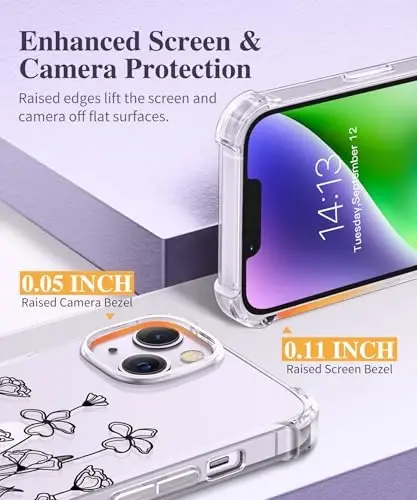 Чехол GVIEWIN для iPhone 14 с цветочным принтом, защитой экрана и объектива камеры, [не желтеющий] мягкий противоударный прозрачный защитный чехол для женщин, дизайн с цветочным узором 6,1 дюйма (эскиз/черный) - 5