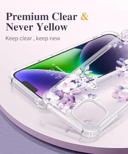Чехол GVIEWIN для iPhone 14 с цветочным принтом, защитой экрана и объектива камеры, [не желтеющий] мягкий противоударный прозрачный защитный чехол для женщин, дизайн с цветочным узором 6,1 дюйма (Foliolosa/Фиолетовый) - 3