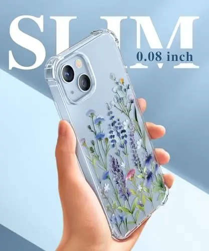 Чехол GVIEWIN для iPhone 14 с цветочным принтом, защитой экрана и объектива камеры, [не желтеющий] мягкий противоударный прозрачный защитный чехол для женщин, дизайн с цветочным узором 6.1 дюйма (Sweet Posy/Blue) - 6