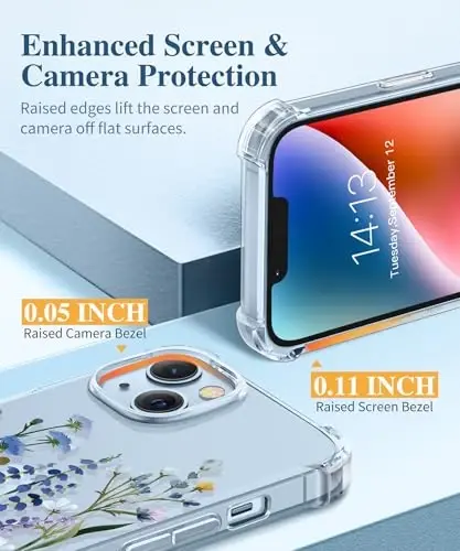 Чехол GVIEWIN для iPhone 14 с цветочным принтом, защитой экрана и объектива камеры, [не желтеющий] мягкий противоударный прозрачный защитный чехол для женщин, дизайн с цветочным узором 6,1 дюйма (Sweet Posy/Blue) - 5