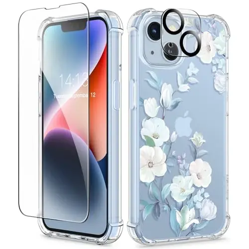 Чехол GVIEWIN для iPhone 14 с цветочным принтом, защитой экрана и объектива камеры, [не желтеющий] мягкий ударопрочный прозрачный защитный чехол для женщин, дизайн с цветами 6.1