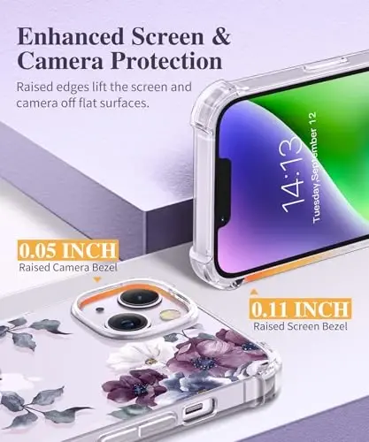 Чехол GVIEWIN для iPhone 14 с цветочным принтом, защитой экрана и объектива камеры, [не желтеющий] мягкий ударопрочный прозрачный защитный чехол для женщин, дизайн с узором цветов 6,1 дюйма (Ипомея/Фиолетовый) - 5