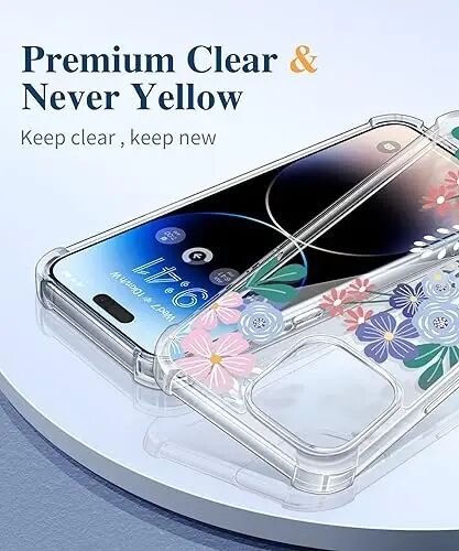 GVIEWIN for iPhone 15 Pro Case Floral, with Screen Protector&Camera Lens Protector,[Non Yellowing] Slim Shockproof Clear Phone Protective Cover for Women, Flower Pattern Design 6.1