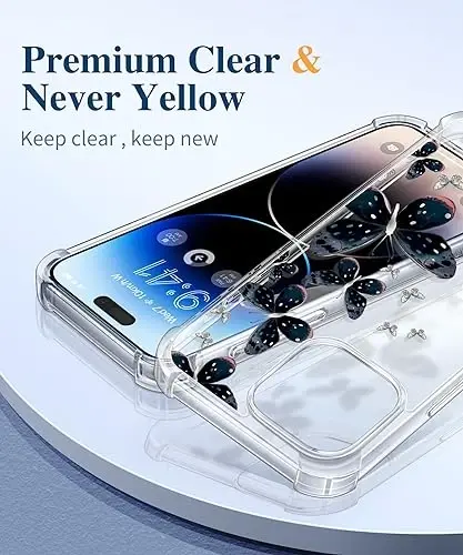 Чехол GVIEWIN для iPhone 15 Pro с цветочным узором, защитной пленкой для экрана и защитой объектива камеры, [не желтеющий], тонкий ударопрочный прозрачный чехол для женщин, цветочный дизайн 6.1 дюйма (Graphium/Blue) - 3