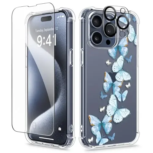 Чехол GVIEWIN для iPhone 15 Pro с цветочным узором, защитной пленкой для экрана и защитой объектива камеры, [не желтеющий] тонкий ударопрочный прозрачный защитный чехол для женщин, дизайн с цветочным узором 6,1 дюйма (бабочка Морфо) 