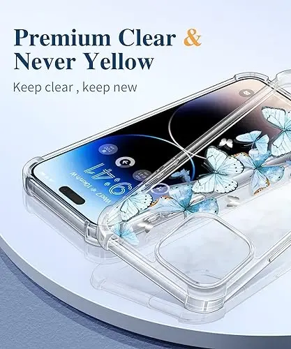 Чехол GVIEWIN для iPhone 15 Pro с цветочным узором, защитной пленкой для экрана и защитой объектива камеры, [нежелтеющий], тонкий противоударный прозрачный защитный чехол для женщин, дизайн с цветочным узором 6,1 дюйма (бабочка Морфо) - 3