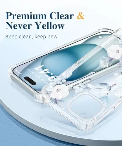 Чехол GVIEWIN для iPhone 15 с цветочным принтом, защитой экрана и объектива камеры, [не желтеющий] мягкий противоударный прозрачный защитный чехол для женщин, дизайн с цветком 6,1 дюйма (Гибискус) - 3