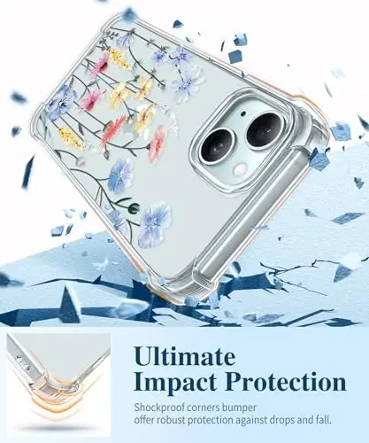 Чехол GVIEWIN для iPhone 15 с цветочным принтом, защитой экрана и объектива камеры, [не желтеющий] мягкий противоударный прозрачный защитный чехол для женщин, дизайн с цветочным узором 6,1 дюйма (аконит/светло-голубой) - 4
