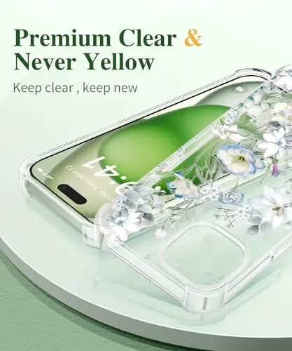 Чехол GVIEWIN для iPhone 15 с цветочным принтом, защитой экрана и объектива камеры, [не желтеющий] мягкий ударопрочный прозрачный защитный чехол для женщин, дизайн с цветочным узором 6,1 дюйма (водосбор/белый) - 3
