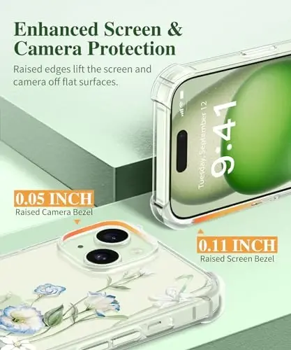 Чехол GVIEWIN для iPhone 15 с цветочным принтом, защитой экрана и объектива камеры, [не желтеющий] мягкий ударопрочный прозрачный защитный чехол для женщин, дизайн с цветочным узором 6,1 дюйма (водосбор/белый) - 5