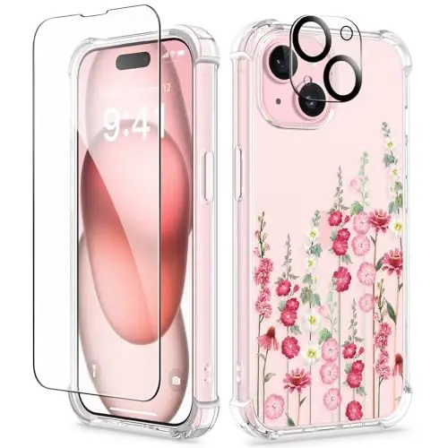 Чехол GVIEWIN для iPhone 15 с цветочным принтом, защитой экрана и объектива камеры, [нежелтеющий] мягкий противоударный прозрачный защитный чехол для женщин, дизайн с цветочным узором 6,1 дюйма (Alcea/Red) 