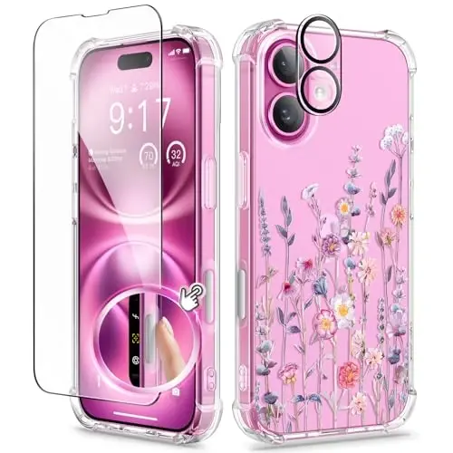 Чехол GVIEWIN для iPhone 16 Plus с цветочным принтом, защитой экрана и объектива камеры, [не желтеющий] мягкий противоударный прозрачный защитный чехол для женщин, дизайн с цветочным узором 6,7