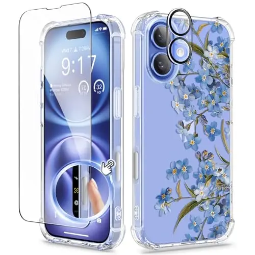 Чехол GVIEWIN для iPhone 16 Plus с цветочным принтом, защитой экрана и объектива камеры, [нежелтеющий] мягкий ударопрочный прозрачный защитный чехол для женщин, дизайн с цветами 6,7