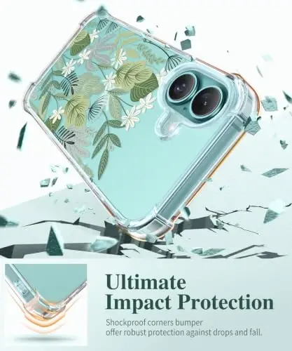Чехол GVIEWIN для iPhone 16 Plus с цветочным узором, с защитным экраном и защитой объектива камеры, [не желтеющий], мягкий ударопрочный прозрачный защитный чехол для телефона для женщин, цветочный дизайн 6,7 дюйма (Осока/Лесной зеленый) - 4
