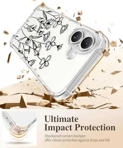Чехол GVIEWIN для iPhone 16 Plus с цветочным узором, защитной пленкой для экрана и защитой объектива камеры, [не желтеющий] мягкий противоударный прозрачный защитный чехол для женщин, дизайн с цветочным принтом 6,7 дюйма (эскиз/черный) - 4