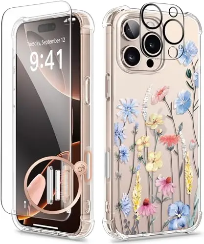 Чехол GVIEWIN для iPhone 16 Pro Max с цветочным принтом, с защитной пленкой для экрана и защитой объектива камеры, [не желтеющий], тонкий ударопрочный прозрачный защитный чехол для женщин, цветочный узор 6,9 дюйма (цветок/светло-голубой) 