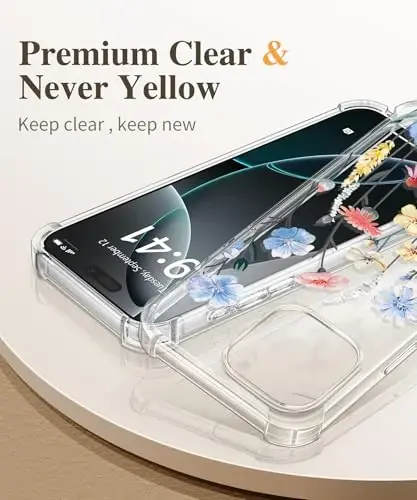 Чехол GVIEWIN для iPhone 16 Pro Max с цветочным принтом, с защитной пленкой для экрана и защитой объектива камеры, [не желтеющий], тонкий ударопрочный прозрачный защитный чехол для женщин, цветочный узор 6,9 дюйма (цветок/светло-голубой) - 3