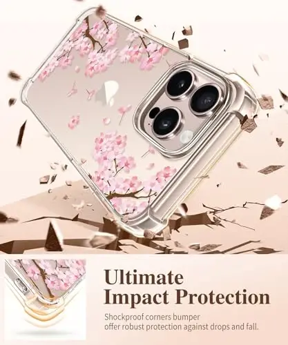 Чехол GVIEWIN для iPhone 16 Pro Max с цветочным принтом, с защитной пленкой для экрана и защитой объектива камеры, [не желтеющий], тонкий ударопрочный прозрачный защитный чехол для женщин, дизайн с цветочным узором 6,9 дюйма (Сакура/Розовый) - 4