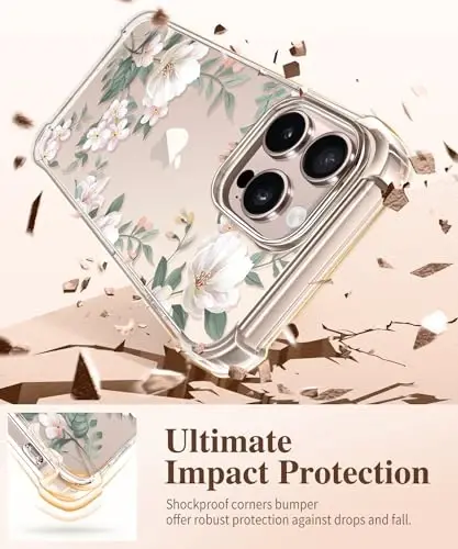 Чехол GVIEWIN для iPhone 16 Pro Max с цветочным принтом, защитой экрана и объектива камеры, [не желтеет], тонкий противоударный прозрачный защитный чехол для женщин, дизайн с цветочным узором 6,9 дюйма (магнолия/белый) - 4