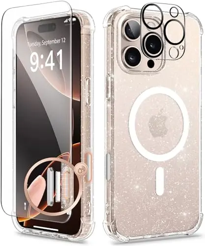 Чехол GVIEWIN для iPhone 16 Pro Max с цветочным принтом, защитой экрана и объектива камеры, [не желтеющий] тонкий ударопрочный прозрачный защитный чехол для женщин, цветочный узор 6,9 дюйма (Magnetic Twinkle Clear) - 1