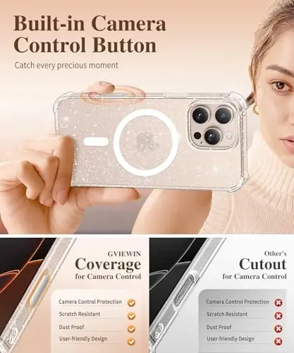 Чехол GVIEWIN для iPhone 16 Pro Max с цветочным принтом, защитой экрана и объектива камеры, [не желтеющий] тонкий ударопрочный прозрачный защитный чехол для женщин, цветочный узор 6,9 дюйма (Magnetic Twinkle Clear) - 5