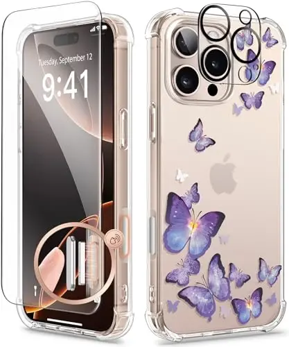 Чехол GVIEWIN для iPhone 16 Pro Max с цветочным принтом, защитой экрана и объектива камеры, [не желтеющий] тонкий ударопрочный прозрачный защитный чехол для женщин, цветочный узор 6,9 дюйма (Очаровательная бабочка) 