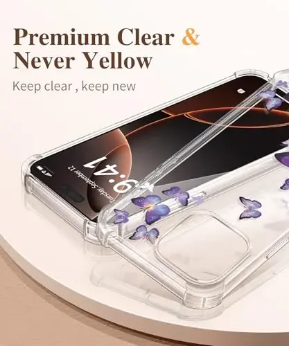 Чехол GVIEWIN для iPhone 16 Pro Max с цветочным принтом, защитой экрана и объектива камеры, [не желтеющий] тонкий ударопрочный прозрачный защитный чехол для женщин, цветочный узор 6,9 дюйма (Очаровательная бабочка) - 3